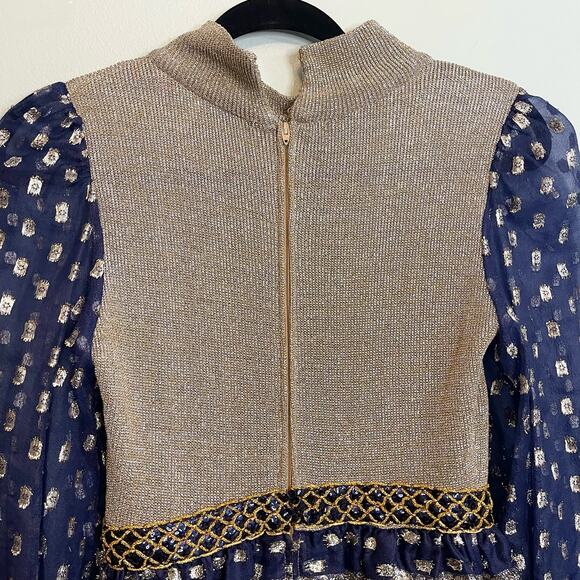 Vintage 1980s Act 2 Blue Gold Mesh Metallic Dress Size 8 Dress - Picture 8 of 14
